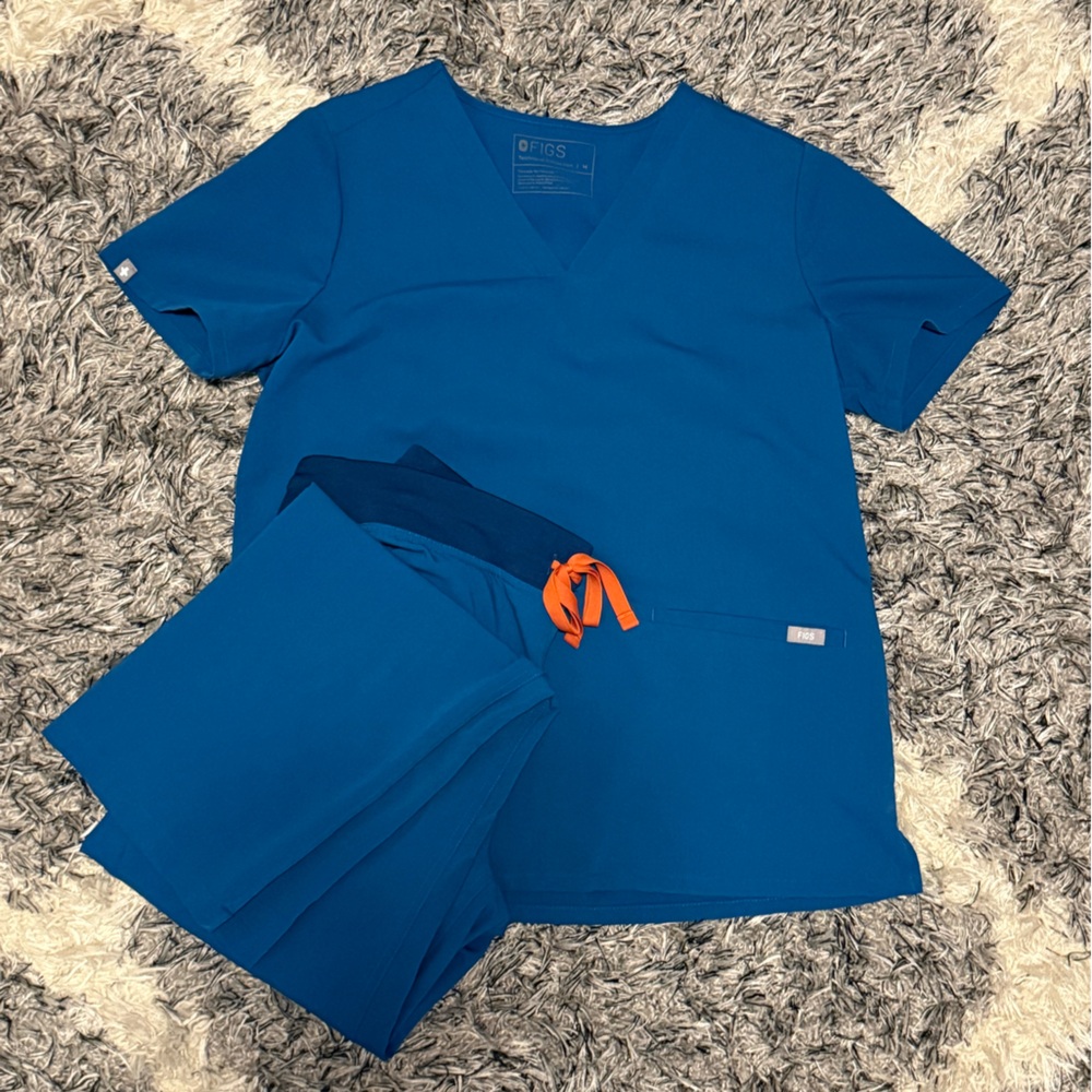 Blue Scrub Set with Orange Drawstring